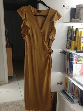 Who What Wear Mustard Wrap Midi Dress with Ruffle Sleeves